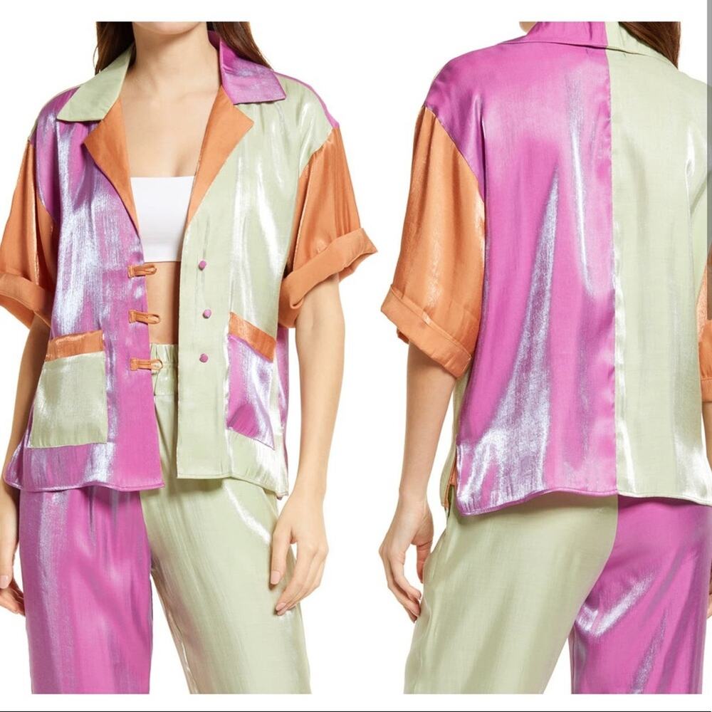 Pastiche Button Up Shirt Womens Okinawa Silky Colorblock Silky Oversized Size XS